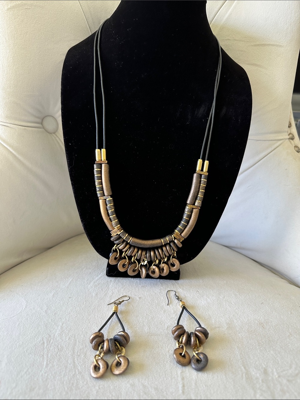 Bronze-Tone Beaded Pendant Necklace with Matching Earrings - Black Cord